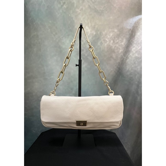 DKNY Shoulder Bag Cream Leather Chain Strap Flap Turn Lock Designer - Picture 1 of 12
